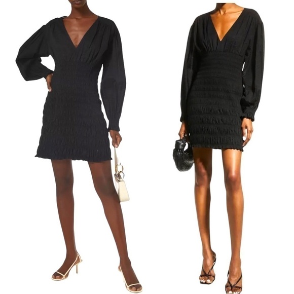 FRAME Denim V neck Smocked Long Sleeve Mini Dress Size Small Black NWT - Picture 3 of 11